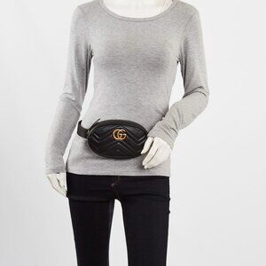 Gucci Black Quilted Leather GG Marmont Waist Belt Bag Size